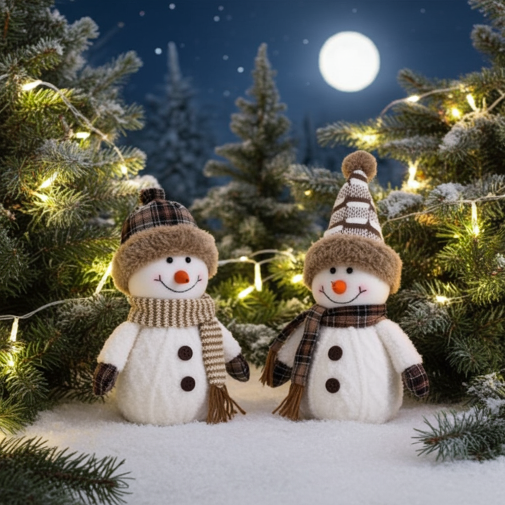 Two snowmen with scarves standing in front of a decorated Christmas tree at night.