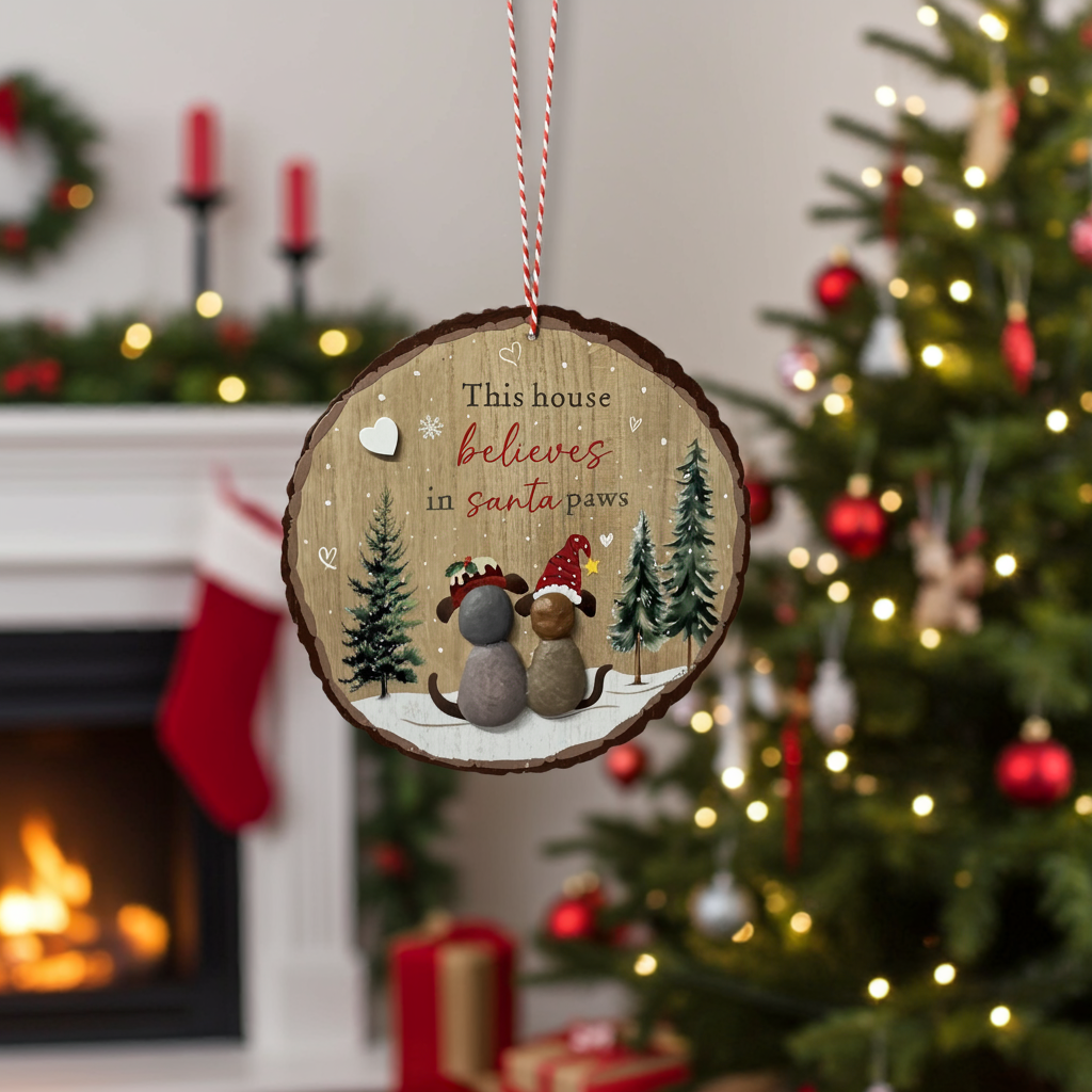 Decorative Christmas ornament with text and dog illustration in front of a fireplace and tree.