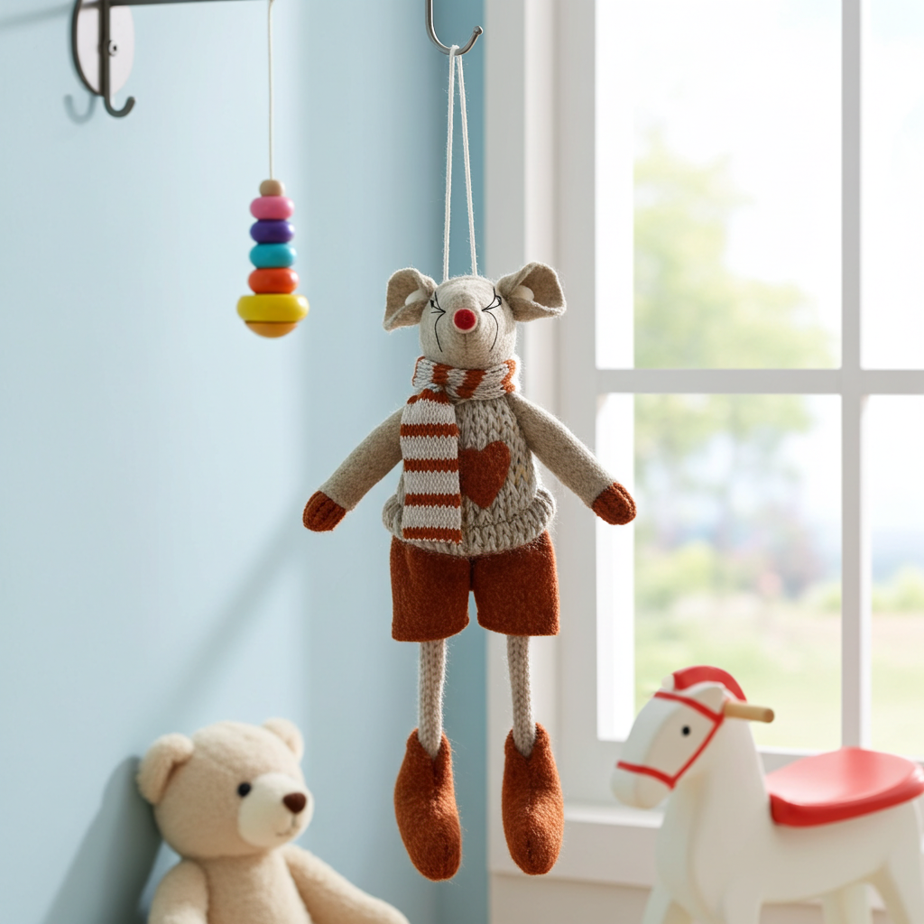 Toy mouse hanging from a hook with a teddy bear and rocking horse in the background.