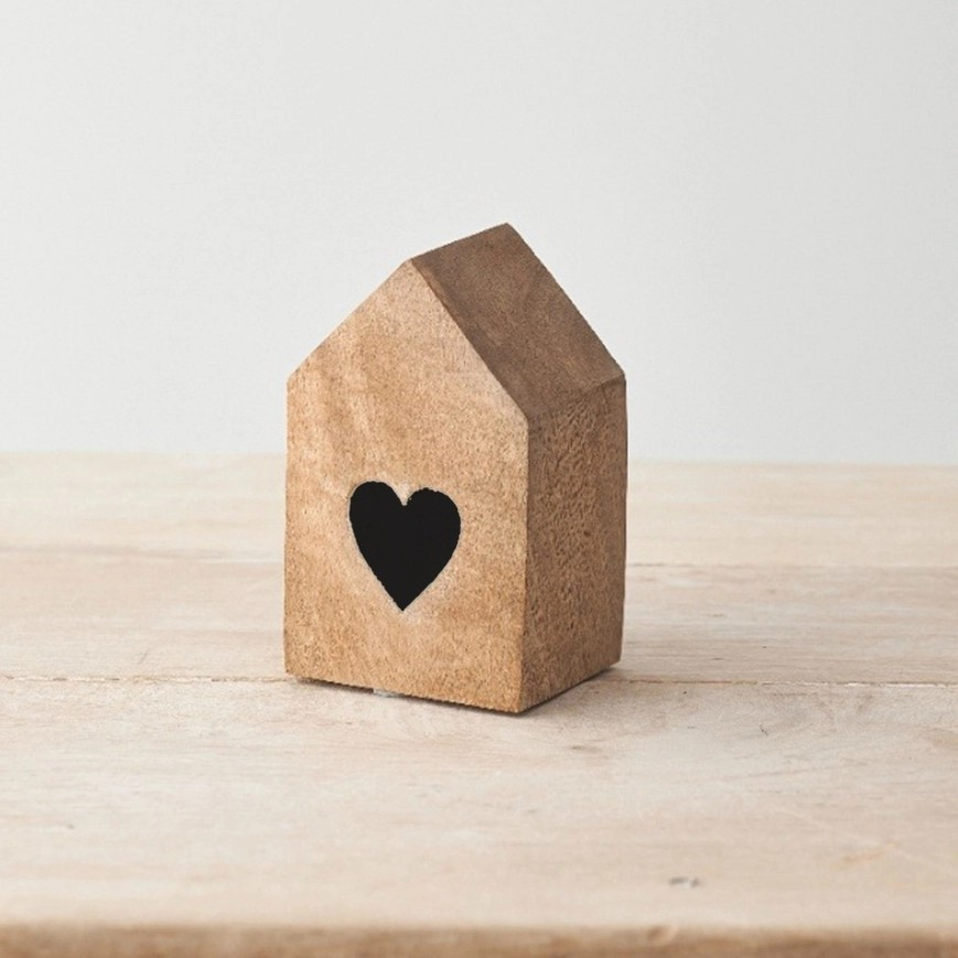 Simple house shaped wooden block with a  burnt/engraved heart on both sides. 