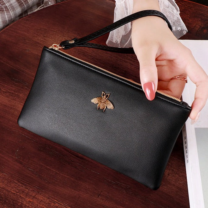 Black Leather Bee Clutch Bag